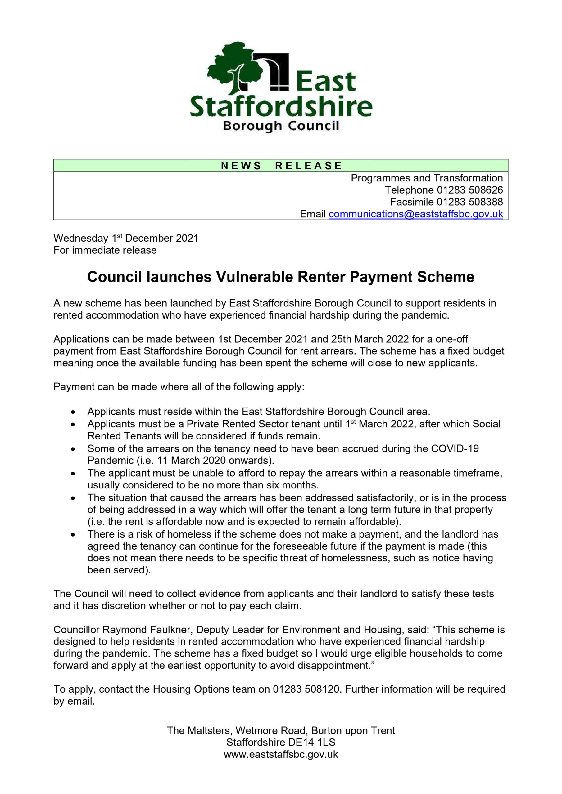 Council launches Vulnerable Renter Payment Scheme